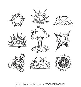 Set von Bombenexplosion Cartoon in handgezeichnetem Doodle-Stil mit Wolken, Rauch, Boom, Vektordesign