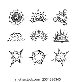 Conjunto de dibujos animados de explosión de bomba en estilo doodle dibujado a mano con nubes, humo, diseño de Vector de boom
