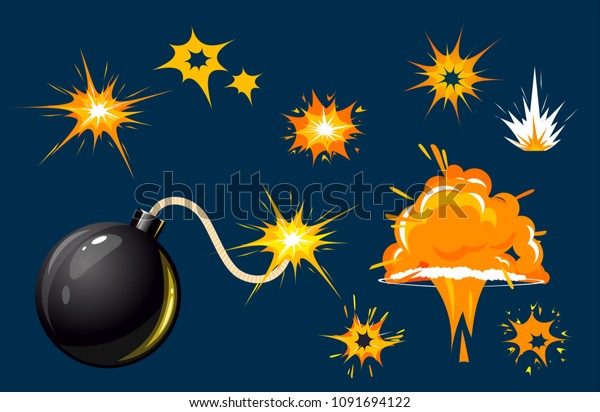 Set of bomb explosion\
effect, bomb boom. Animation game frames in flat style. Cartoon\
vector illustration.
