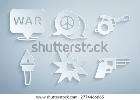 Set Bomb explosion, Howitzer, Torch flame, Pistol gun, Peace and The word war icon. Vector