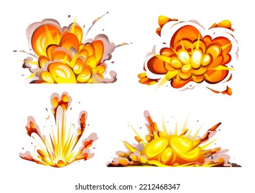 Set of bomb explosion with smoke, flame and particles isolated cartoon illustration