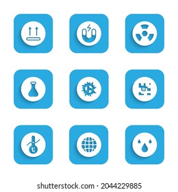 Set Bomb explosion, Social network, Water drop, QR code, Meteorology thermometer, Test tube and flask, Radioactive and Temperature wash icon. Vector