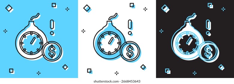 Set Bomb mit einer explosiv brennenden Sicherung und dem Dollar-Währungssymbol einzeln auf blau-weißem, schwarzem Hintergrund. Wirtschaftskrise und Konkurs von Unternehmen.  Vektorgrafik