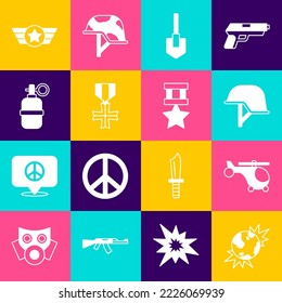Set Bomb explosive planet earth, Helicopter, Military helmet, Shovel, reward medal, Hand grenade, Star American military and icon. Vector