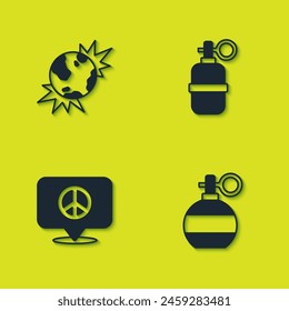 Set Bomb explosive planet earth, Hand grenade, Location peace and  icon. Vector