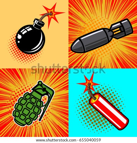 Set of bomb illustrations in pop art style. Vector illustrations