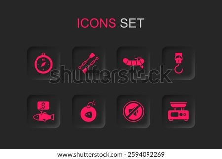 Set Bomb, Oars or paddles boat, Compass, Speaker mute, Spring scale, Electronic scales, Inflatable with motor and Price tag for fish icon. Vector
