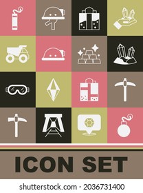 Set Bomb, Pickaxe, Gem stone, Mine entrance, Miner helmet, Mining dump truck, Dynamite and Gold bars icon. Vector