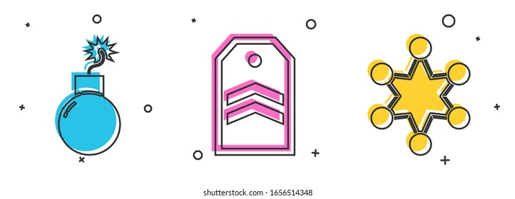 Set Bomb ready to explode, Chevron and Police badge icon. Vector