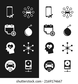 Die Bombe ist explosionsbereit, der Finanzkalender, der Flugmodus des Mobiltelefons, die gemeinsame Nutzung des Autos, Kopf mit Herzschlag und Netzwerk Symbol. Vektorgrafik