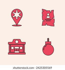 Set Bomb ready to explode, Hexagram sheriff, Wanted western poster and Wild saloon icon. Vector