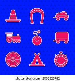 Set Bomb ready to explode, Indian teepee or wigwam, Canteen water bottle, Wild west covered wagon, Old wooden wheel, Retro train,  and Mexican sombrero hat icon. Vector