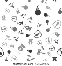 Set Bomb ready to explode, Judge gavel, Tie and Fountain pen nib on seamless pattern. Vector