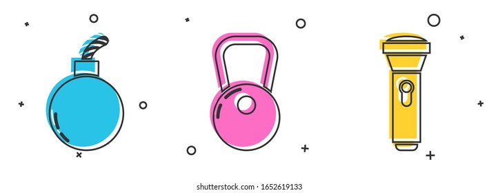 Set Bomb ready to explode , Kettlebell  and Flashlight  icon. Vector