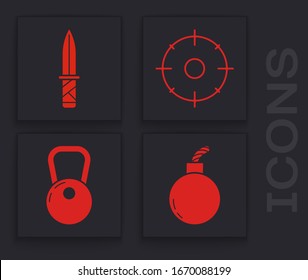 Ponga la bomba lista para explotar , cuchillo militar , Deporte objetivo para la competencia de tiro e icono de Kettlebell. Vector
