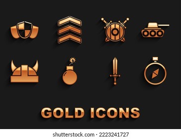 Set Bomb ready to explode, Military tank, Compass, Medieval sword, Viking in horned helmet, Wooden shield with crossed swords, Shield and rank icon. Vector