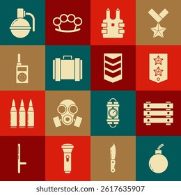 Set Bomb ready to explode, Military ammunition box, Chevron, Bulletproof vest for protection from bullets, Walkie talkie, Hand grenade and rank icon. Vector