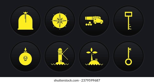 Set Bomb ready to explode, Pirate key, Lighthouse, Tropical island in ocean, Cannon with cannonballs, Wind rose,  and sack icon. Vector