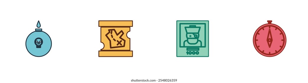 Set Bomb ready to explode, Pirate treasure map, Wanted poster pirate and Compass icon. Vector