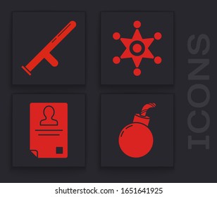 Ponga la bomba lista para explotar, porra de goma de la policía, sheriff de Hexagram e icono de identificación. Vector