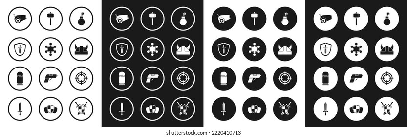 Set Bomb ready to explode, Police badge, Medieval shield with sword, Cannon, Viking in horned helmet, Battle hammer, Target sport and Cartridges icon. Vector