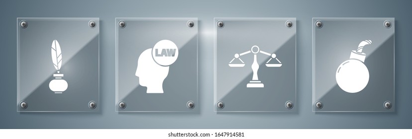 Set Bomb ready to explode, Scales of justice, Head with law and Feather and inkwell. Square glass panels. Vector