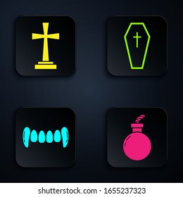 Set Bomb ready to explode , Tombstone with cross , Vampire teeth  and Coffin with christian cross . Black square button. Vector