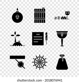 Ponga la bomba lista para explotar, cañón de madera, tesoro y riquezas, parche de ojo pirata, volante de barco, saco, isla tropical oceánica y icono de desplazamiento de pluma Feather. Vector
