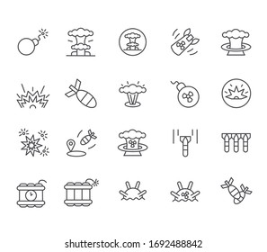 Set Of Bomb Related Vector Line Icons. Includes Such Icons As Mine, Aerial Bomb, Shell, Nuclear Explosion, Weapon And More.