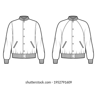 Set of Bomber jackets technical fashion illustration with Rib baseball collar, cuffs, oversized, long raglan sleeves, flap pockets. Flat coat template front, white color. Women, men, unisex top CAD
