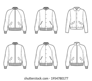 Set of Bomber jackets technical fashion illustration with Rib baseball collar, cuffs, oversized, long raglan sleeves, flap pockets. Flat coat template front, white color. Women, men, unisex top CAD