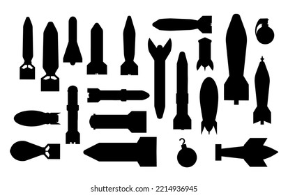 Eine Reihe von Bomben auf Schwarz. Waffen. Schutz. Vektorgrafik. Explosion