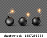 Set of Bombs. Burning fuse black bomb in realistic style. Vector illustration isolated on transparent background