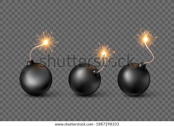 Set of\
Bombs. Burning fuse black bomb in realistic style. Vector\
illustration isolated on transparent\
background
