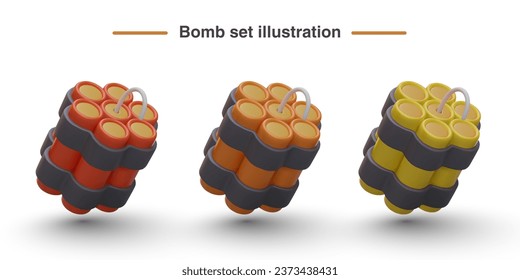 Set of bombs of different colors. Sticks of dynamite, stapled together, ignition cord. Vector images for online games, applications. Big explosion. Isolated icons, game content