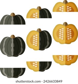Set of Bonbon Squash. Winter squash. Cucurbita maxima. Fruits and vegetables. Flat style. Isolated vector illustration.