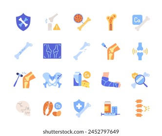 Set of bone colorful icons. Bright signs with spine joints, broken arm, skull crack and orthopedic elements. Design for application. Cartoon flat vector collection isolated on white background