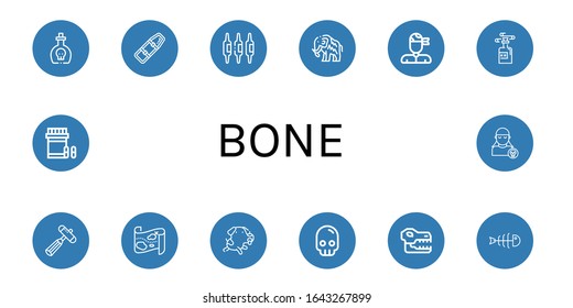 Set of bone icons. Such as Poison, Spinal board, Calcium, Mammoth, Pirate, Neurology reflex hammer, Treasure map, Dog, Skull, Fishbone, Analgesic , bone icons