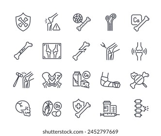 Gruppe von Symbolen für Knochenlinien. Symbole mit gebrochenen Knochen, Kalzium, Röntgenaufnahmen, Verletzungen und Gelenken. Design-Elemente für Medical Diagram oder Website. Umriss der Kollektion der einfachen Vektorgrafik auf weißem Hintergrund