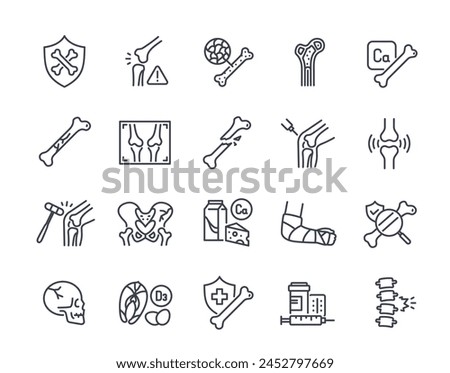 Set of bone line icons. Symbols with broken bones, calcium, x-ray, injury and joints. Design elements for medical diagram or website. Outline simple vector collection isolated on white background