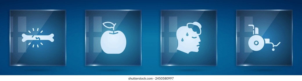 Set Bone pain, Apple, High human body temperature and Wheelchair. Square glass panels. Vector