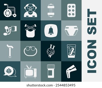 Conjunto Dolor óseo, vidrio de mandíbula falsa, pañal adulto, mancuerna, tejido, presión arterial, silla de ruedas e icono de llamada telefónica de emergencia. Vector