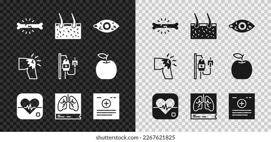 Fijar dolor óseo, piel que recubre el cabello, ojo rojizo, frecuencia cardíaca, rayos X de pulmones, registro clínico, rodilla articulada e icono de la bolsa IV. Vector