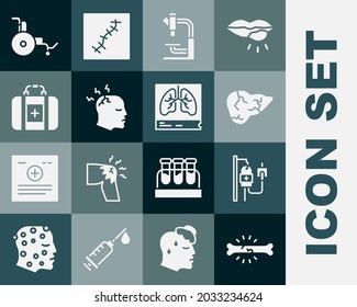 Set Bone pain, IV bag, Hepatitis virus, Microscope, Man having headache, First aid kit, Wheelchair and Lungs x-ray icon. Vector