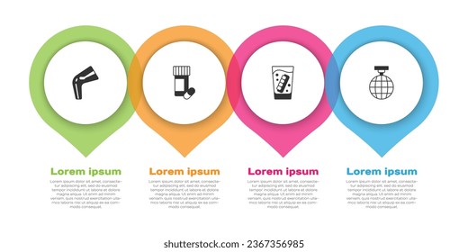 Set Bone pain, Medicine bottle and pills, False jaw glass and Disco ball. Business infographic template. Vector