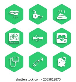 Ajuste Dolor óseo, Jeringa, Temperatura corporal humana alta, Frecuencia cardíaca, Estetoscopio, Rayos X de los pulmones, Icono de los labios de Shit y Herpes. Vector