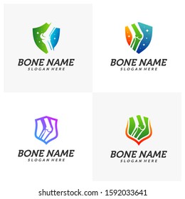 Set of Bone shield logo. Healthy bone Icon. Knee bones and joints care protection logo template. Medical flat logo design. Vector of human body health. Emblem symbol.