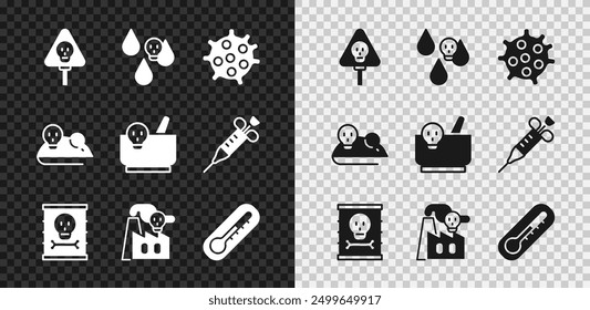 Set Bones and skull, Acid rain, Bacteria, Radioactive waste barrel, Smoke from factory, Thermometer, Experimental mouse and Mortar pestle icon. Vector