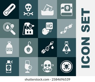 Set Bones and skull, Bottle with potion, Snake, Radioactive waste in barrel, Smoke from factory, Poison magnifying glass, Thermometer and Drop of mercury icon. Vector