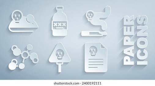 Set Bones and skull, Cigarette, Chemical formula, Radiation warning document, Poisoned alcohol and Experimental mouse icon. Vector
